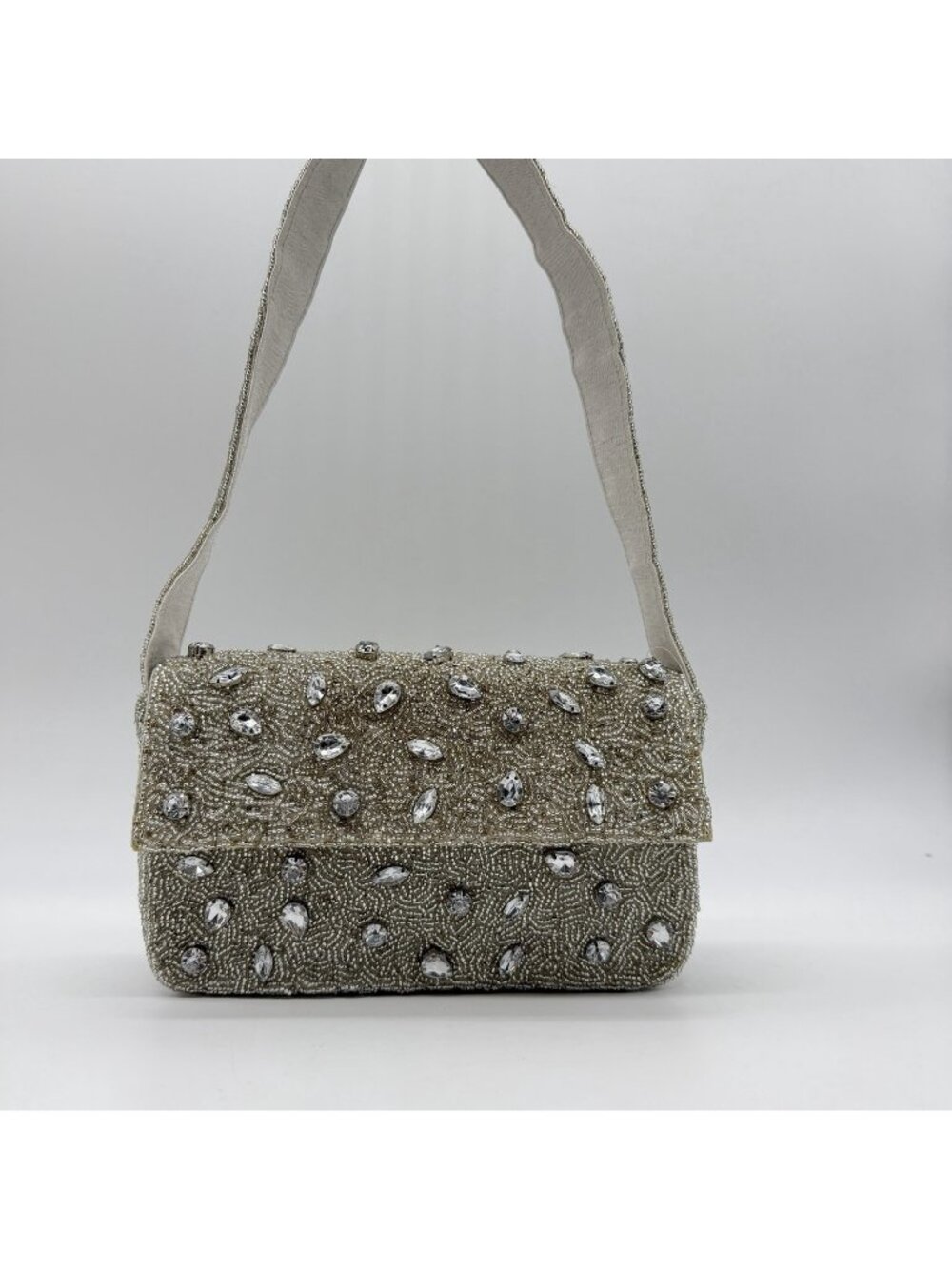 On 34th beaded small shoulder bag- Silver crystal embellishments